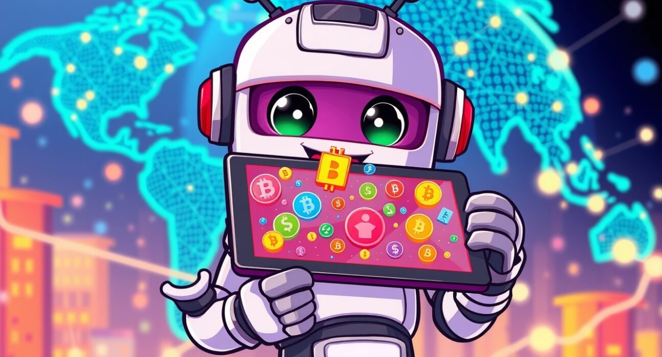 A vibrant cartoon illustration showing new Binance spot trading pairs opening market opportunities.