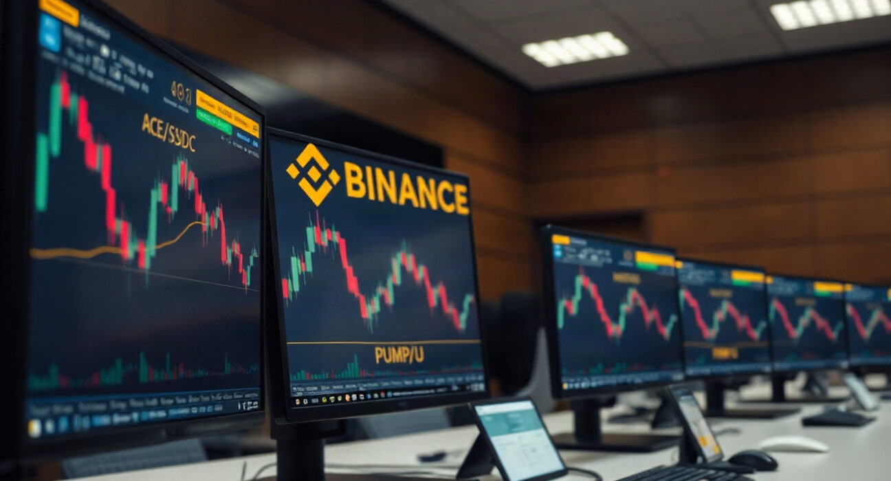 Trading monitors displaying Binance spot market charts with ACE/USDC and PUMP/U pairs