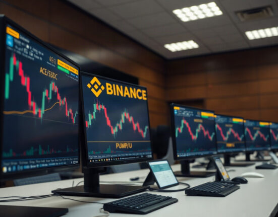 Trading monitors displaying Binance spot market charts with ACE/USDC and PUMP/U pairs