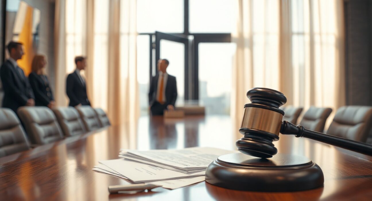 Legal documents and gavel on a table in a law firm, representing the Binance lawsuit against RedotPay co-founders.
