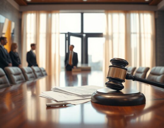 Legal documents and gavel on a table in a law firm, representing the Binance lawsuit against RedotPay co-founders.