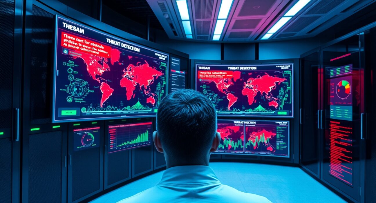 Data center control room with AI security screens showing blocked fraud attempts