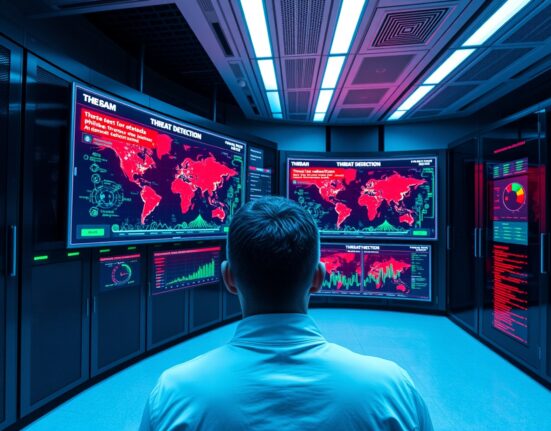 Data center control room with AI security screens showing blocked fraud attempts