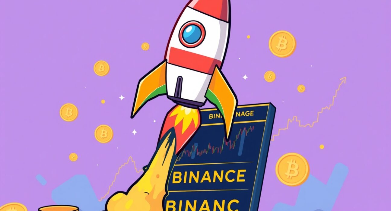 Cartoon illustration depicting the excitement and high leverage of AIA perpetual futures trading on Binance, with a rocket symbolizing growth.