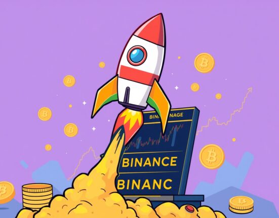 Cartoon illustration depicting the excitement and high leverage of AIA perpetual futures trading on Binance, with a rocket symbolizing growth.
