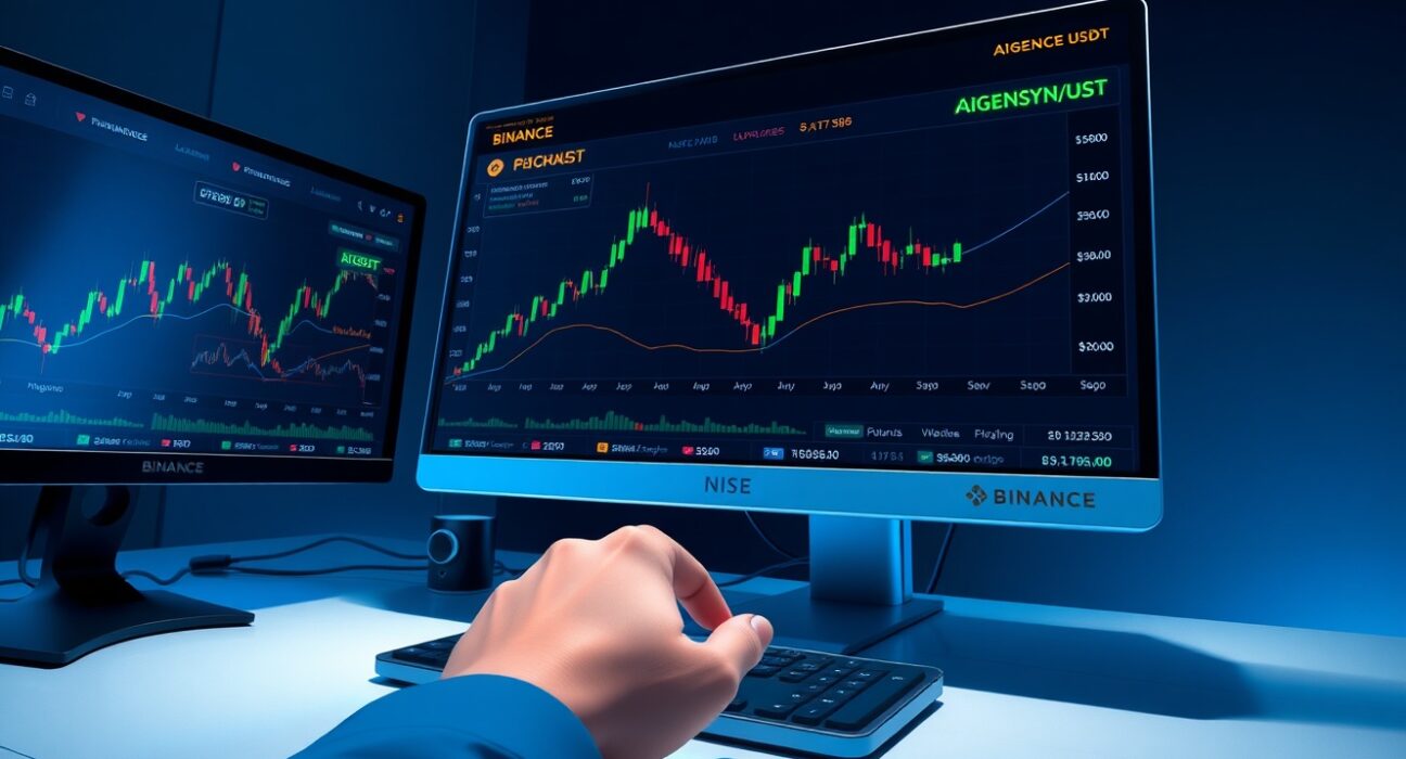 Binance AIGENSYN perpetual futures trading interface on monitors with 20x leverage displayed in a professional trading environment