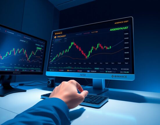 Binance AIGENSYN perpetual futures trading interface on monitors with 20x leverage displayed in a professional trading environment