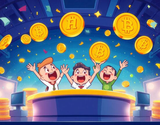 Exciting ALLO listing celebration at Binance cryptocurrency exchange with digital coins