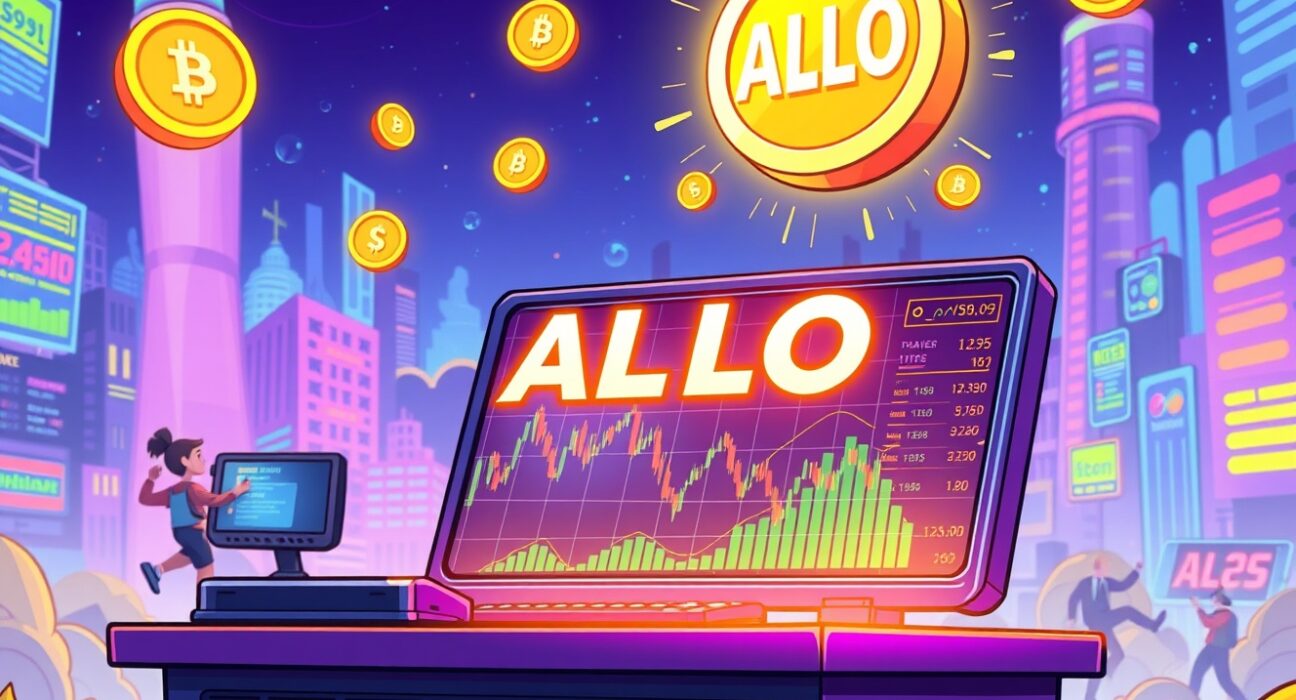 ALLO perpetual futures trading illustration showing digital tokens and leverage indicators on a vibrant trading platform