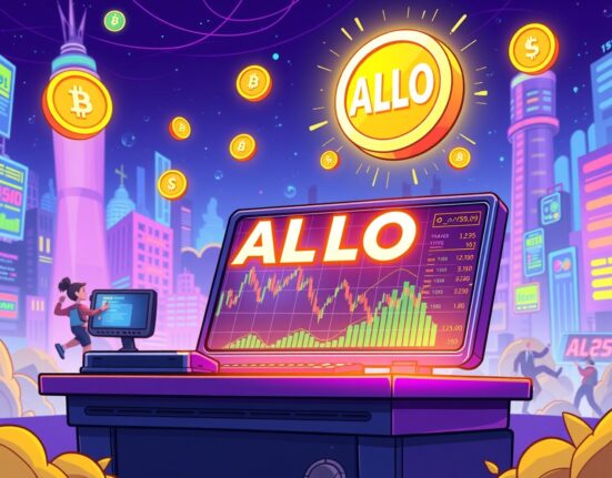 ALLO perpetual futures trading illustration showing digital tokens and leverage indicators on a vibrant trading platform