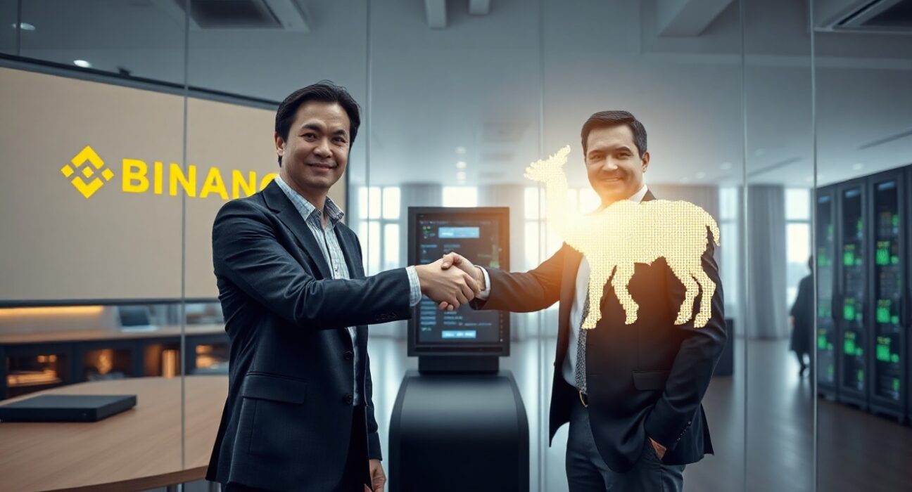 A professional handshake between two business executives in a modern financial office, symbolizing the Binance and Alpaca partnership.