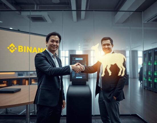 A professional handshake between two business executives in a modern financial office, symbolizing the Binance and Alpaca partnership.