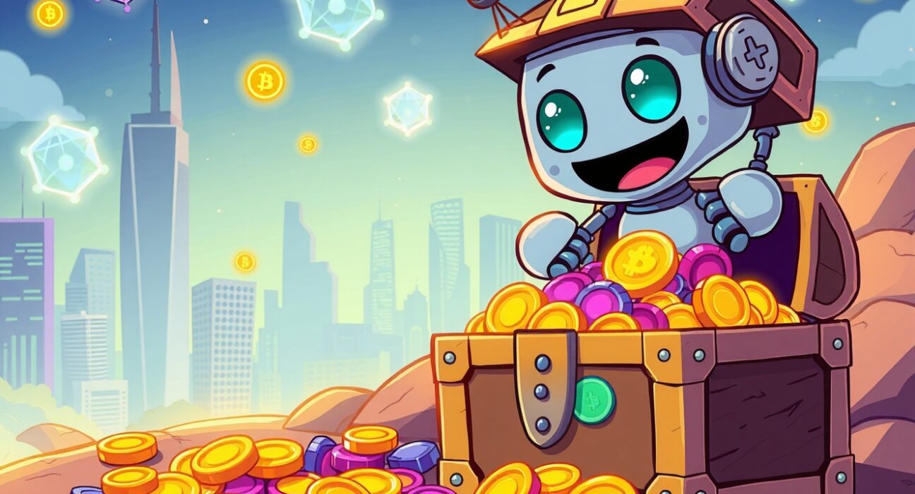 A cartoon robot unlocking a treasure chest of digital coins on the Binance Alpha platform.