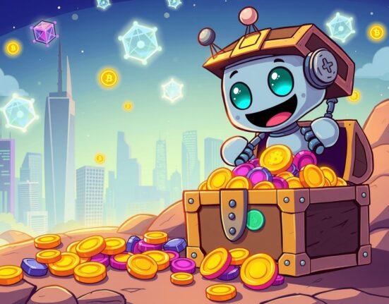 A cartoon robot unlocking a treasure chest of digital coins on the Binance Alpha platform.
