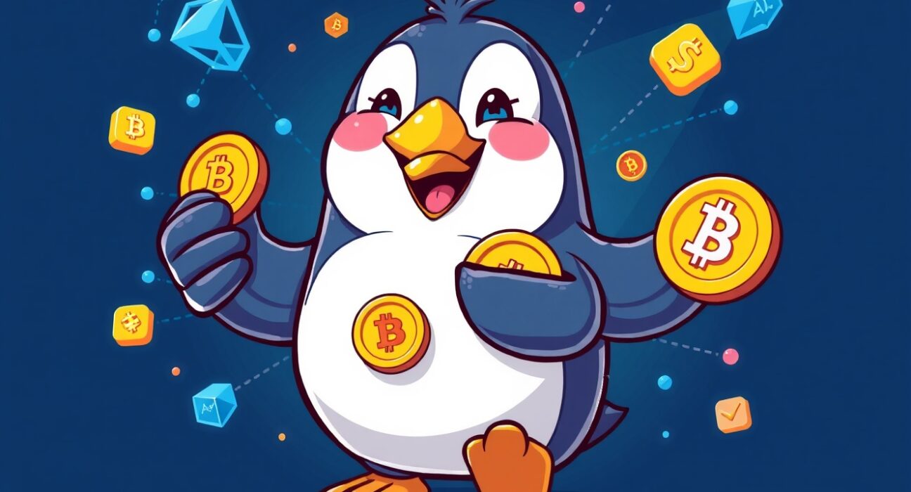 Binance Alpha platform featuring cartoon penguin holding digital tokens with blockchain background