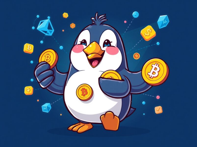 Binance Alpha platform featuring cartoon penguin holding digital tokens with blockchain background