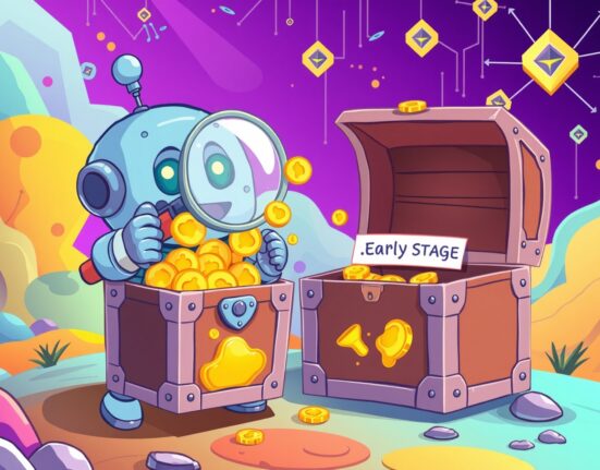 A cartoon explorer discovering the LAVA coin on the Binance Alpha early-stage trading platform.