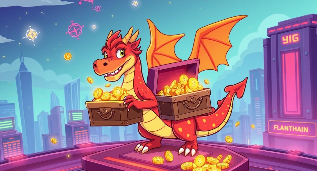 Binance Alpha adds MAGMA feature showing a cartoon dragon guarding early-stage cryptocurrency tokens on a digital trading platform.