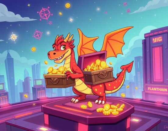 Binance Alpha adds MAGMA feature showing a cartoon dragon guarding early-stage cryptocurrency tokens on a digital trading platform.