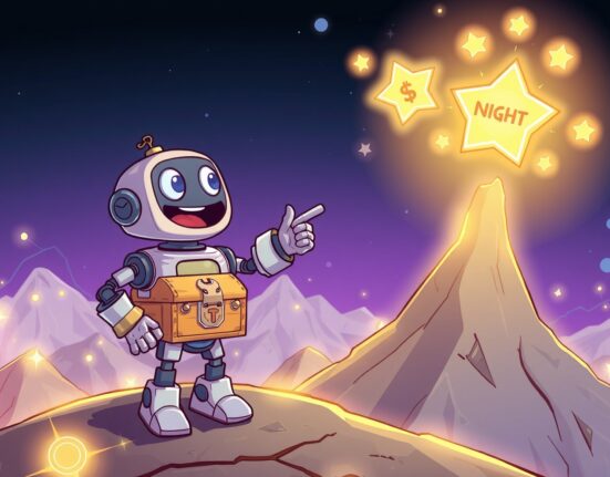 A vibrant cartoon of Binance Alpha platform revealing the new NIGHT token among other early-stage coins.