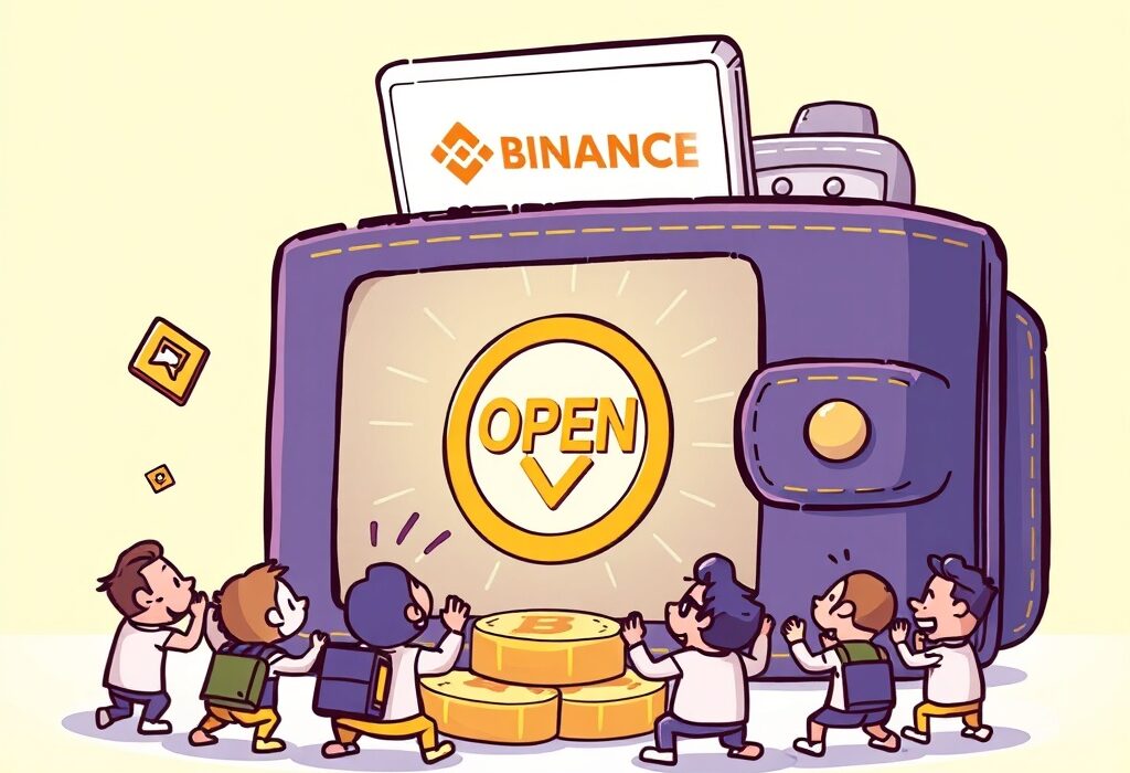 Cartoon illustration of a Binance Wallet screen showing the new OPEN coin, representing the exciting addition of OPEN to Binance Alpha for early crypto investments.