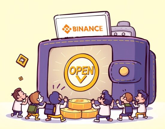 Cartoon illustration of a Binance Wallet screen showing the new OPEN coin, representing the exciting addition of OPEN to Binance Alpha for early crypto investments.