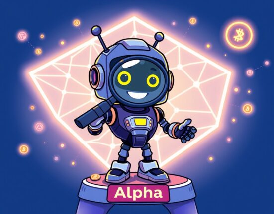A cartoon robot discovers early-stage coins on the Binance Alpha RLS platform within a vibrant blockchain network.