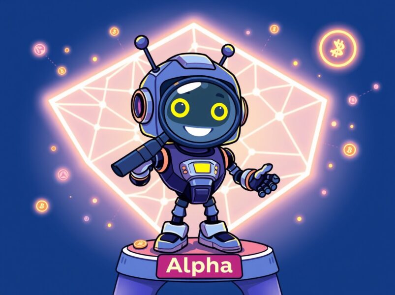 A cartoon robot discovers early-stage coins on the Binance Alpha RLS platform within a vibrant blockchain network.