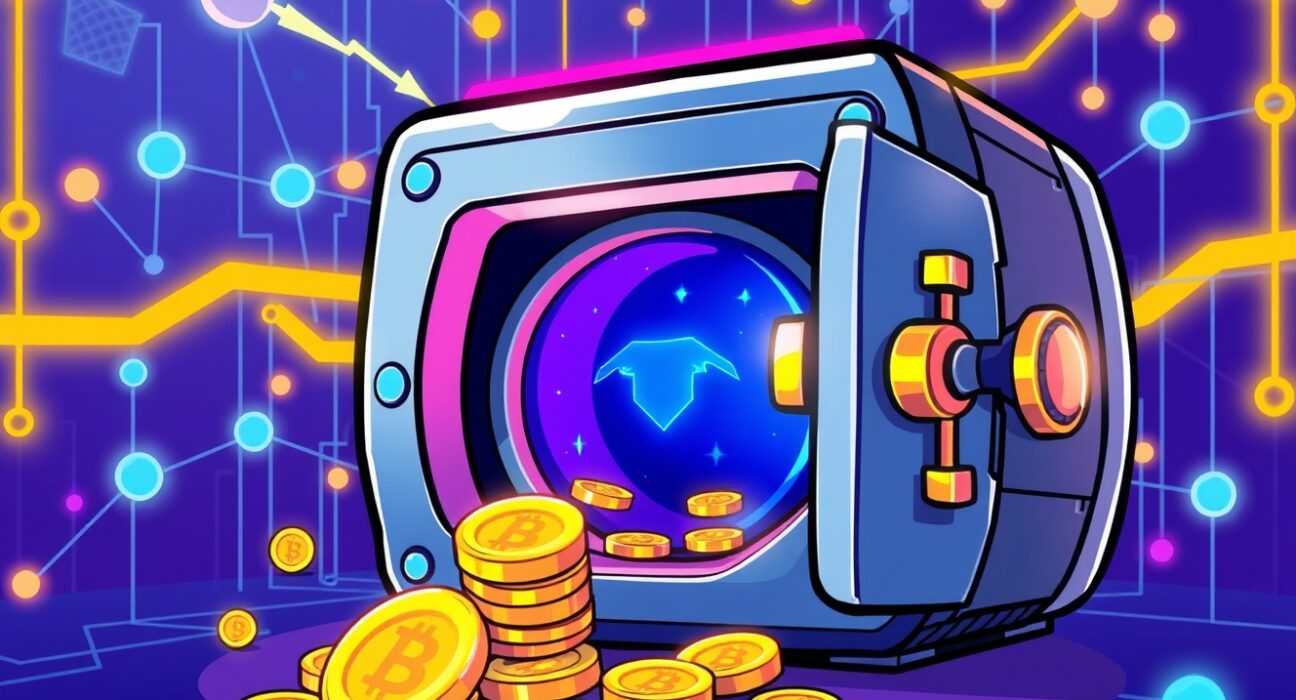 Binance Alpha adds STABLE tokens to a vibrant digital trading vault illustration
