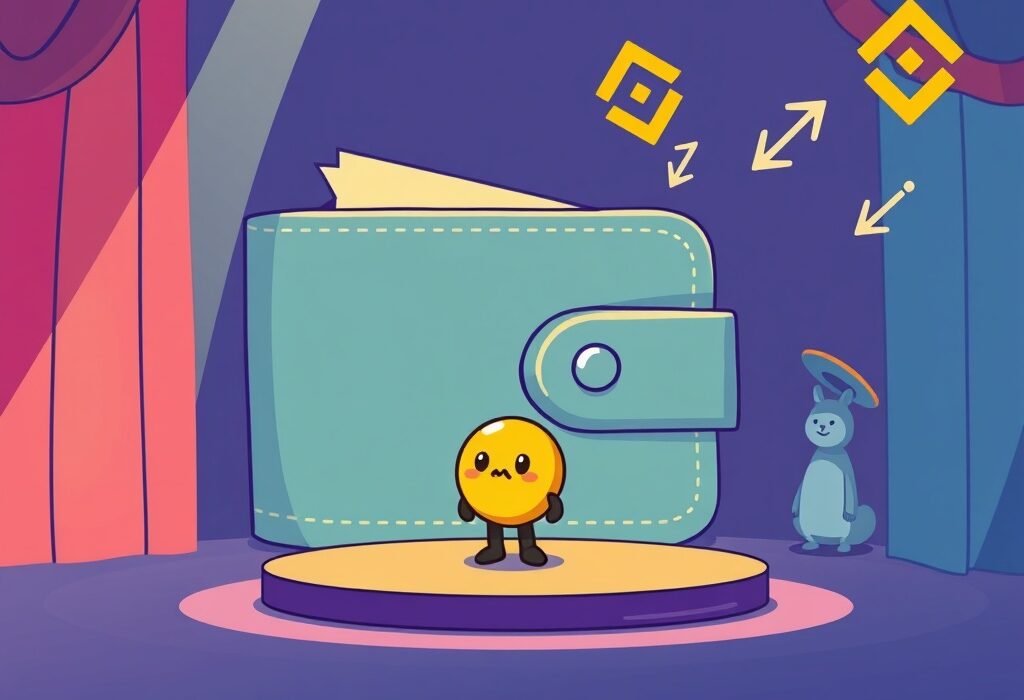 A cartoon image illustrating Binance Alpha's platform highlighting a new early-stage crypto project like Toshi, symbolizing discovery and growth in the crypto ecosystem.