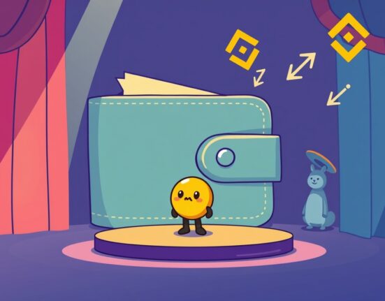 A cartoon image illustrating Binance Alpha's platform highlighting a new early-stage crypto project like Toshi, symbolizing discovery and growth in the crypto ecosystem.