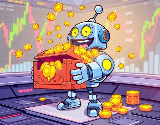 Binance Alpha adds TTD, showcasing a friendly robot discovering a treasure of early-stage cryptocurrency coins on a digital platform.