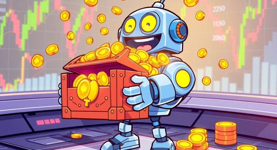 Binance Alpha adds TTD, showcasing a friendly robot discovering a treasure of early-stage cryptocurrency coins on a digital platform.