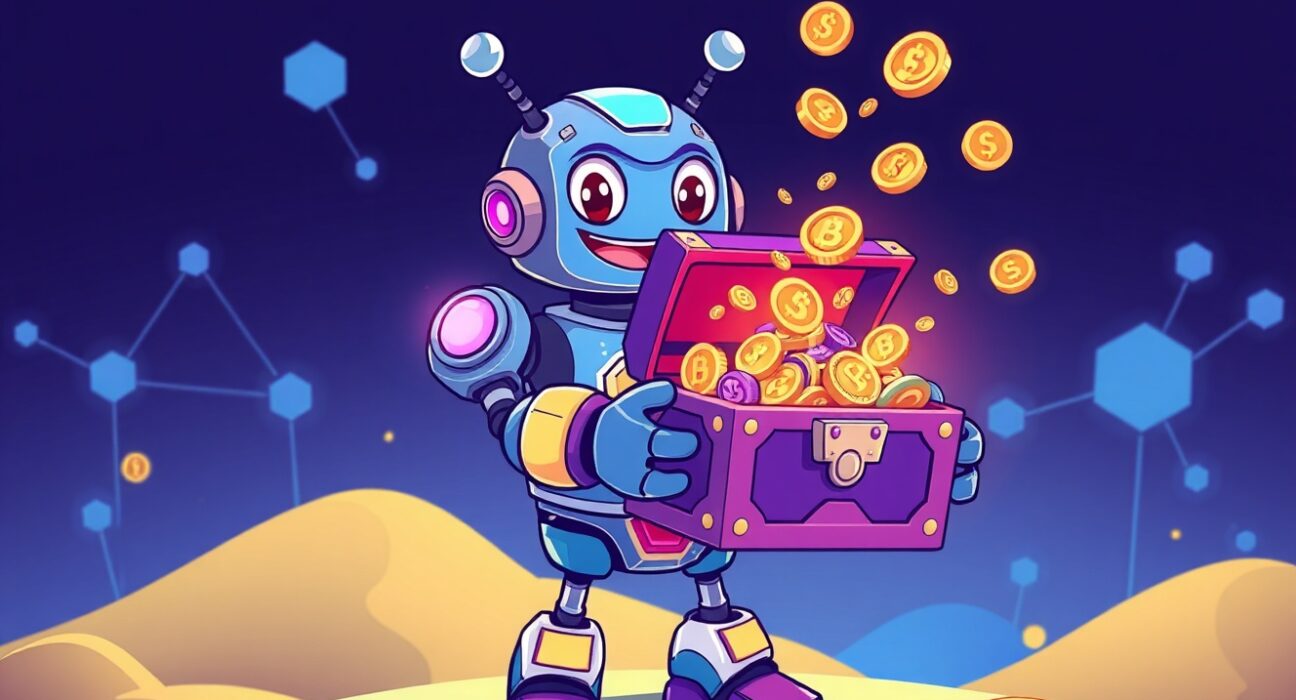 A cartoon robot unlocking a treasure chest of early-stage coins on Binance Alpha.