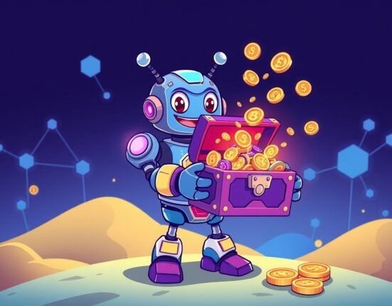 A cartoon robot unlocking a treasure chest of early-stage coins on Binance Alpha.