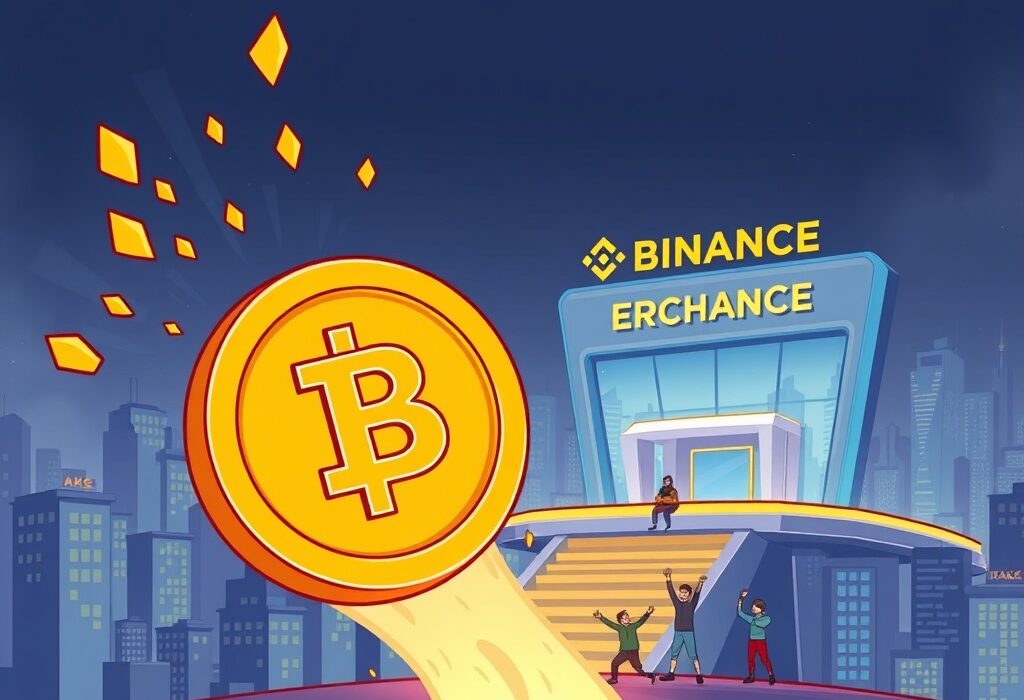 A cartoon illustration showing a digital token, representing AKE, being welcomed onto a platform labeled 'Binance Alpha', symbolizing the Binance Alpha AKE listing and market expansion.