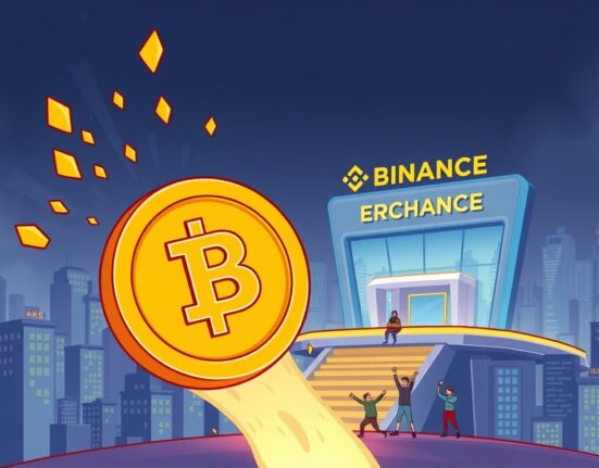A cartoon illustration showing a digital token, representing AKE, being welcomed onto a platform labeled 'Binance Alpha', symbolizing the Binance Alpha AKE listing and market expansion.