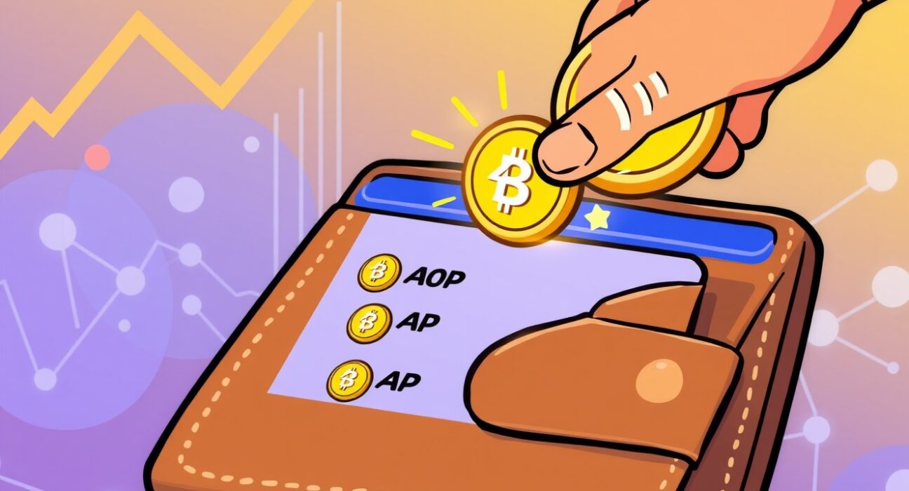 Cartoon illustration of a glowing AOP coin being added to a digital wallet on Binance Alpha, symbolizing new early-stage crypto opportunities.