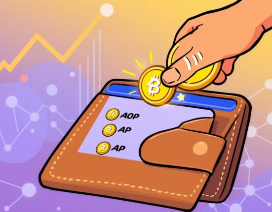 Cartoon illustration of a glowing AOP coin being added to a digital wallet on Binance Alpha, symbolizing new early-stage crypto opportunities.