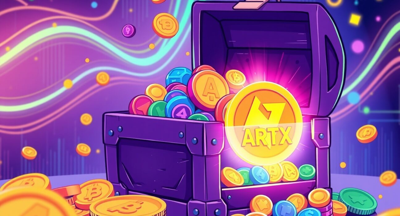 Binance Alpha ARTX token shining among other cryptocurrencies in a digital treasure chest