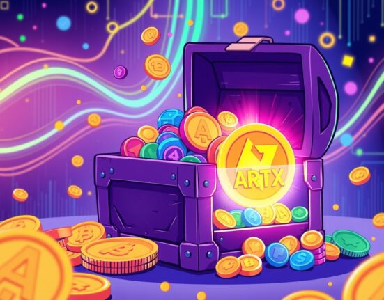 Binance Alpha ARTX token shining among other cryptocurrencies in a digital treasure chest