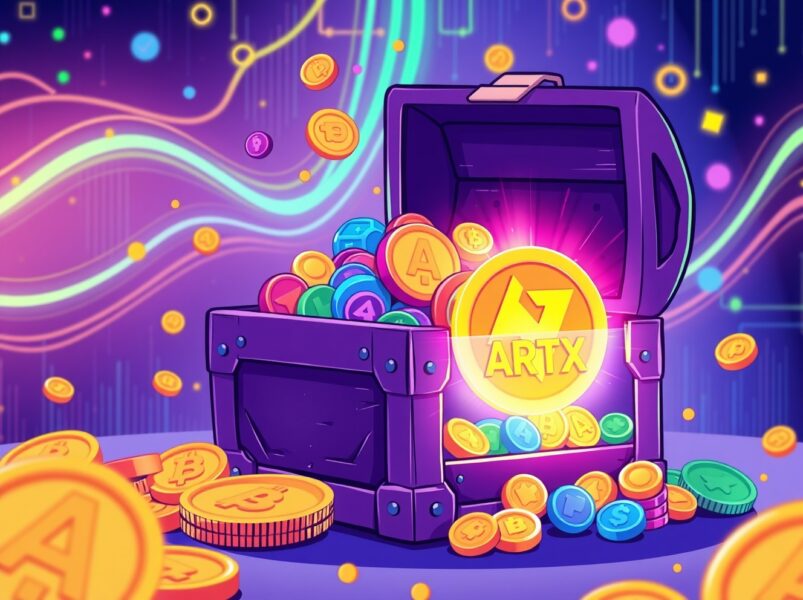 Binance Alpha ARTX token shining among other cryptocurrencies in a digital treasure chest