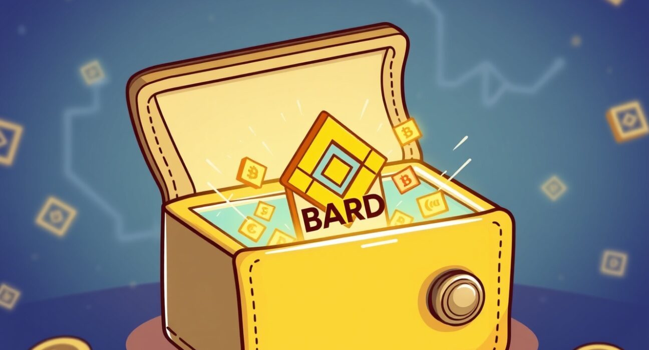 Cartoon illustration showing Binance Alpha platform integrating BARD for early-stage token trading.