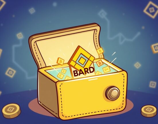 Cartoon illustration showing Binance Alpha platform integrating BARD for early-stage token trading.