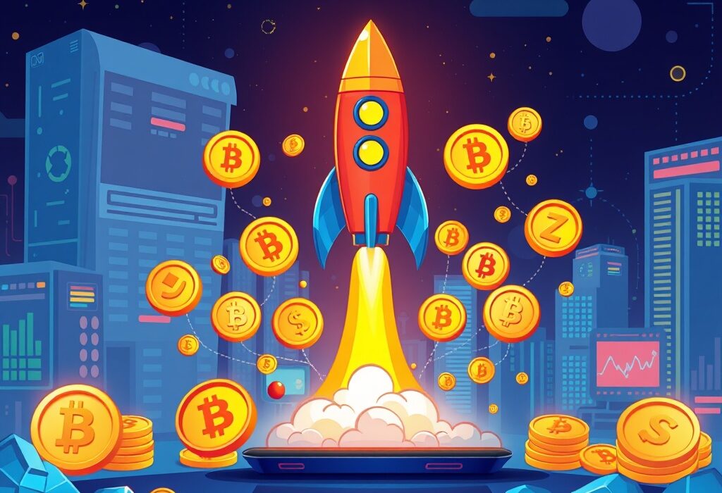 A cartoon illustration showing the excitement of Binance Alpha BOOST for early-stage crypto trading, with a rocket symbolizing growth.