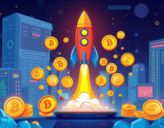 A cartoon illustration showing the excitement of Binance Alpha BOOST for early-stage crypto trading, with a rocket symbolizing growth.