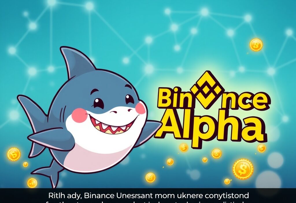 A vibrant cartoon illustration showing the integration of Baby Shark Universe (BSU) into Binance Alpha, symbolizing new opportunities for crypto projects and token airdrops.