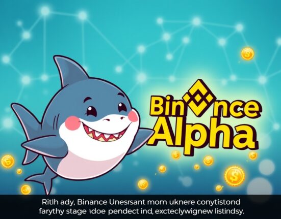 A vibrant cartoon illustration showing the integration of Baby Shark Universe (BSU) into Binance Alpha, symbolizing new opportunities for crypto projects and token airdrops.