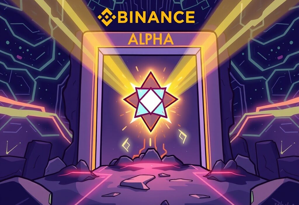 A cartoon illustration depicting the Binance Alpha platform introducing a new DarkStar token, symbolizing a transformative step in early-stage crypto project launches through Binance Alpha.