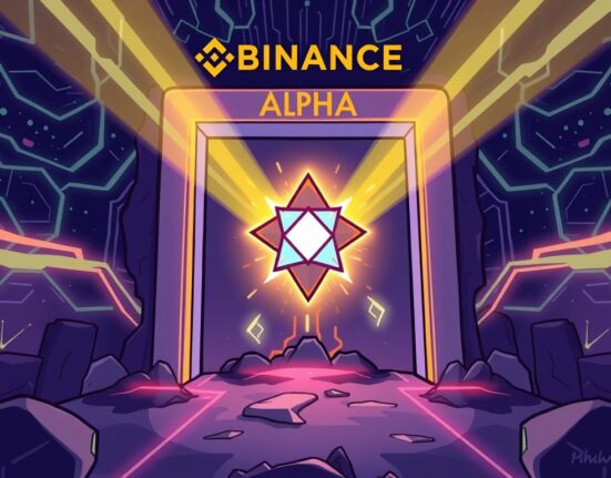 A cartoon illustration depicting the Binance Alpha platform introducing a new DarkStar token, symbolizing a transformative step in early-stage crypto project launches through Binance Alpha.